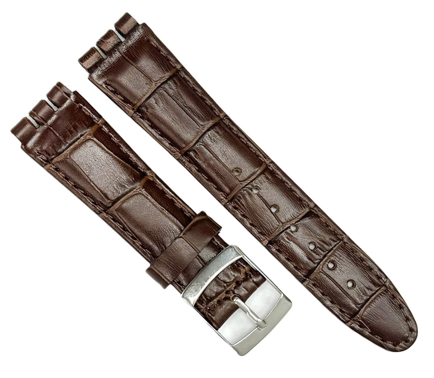 21mm Genuine Leather, Brown Alligator Grain, Replacement Watch Band for Swatch