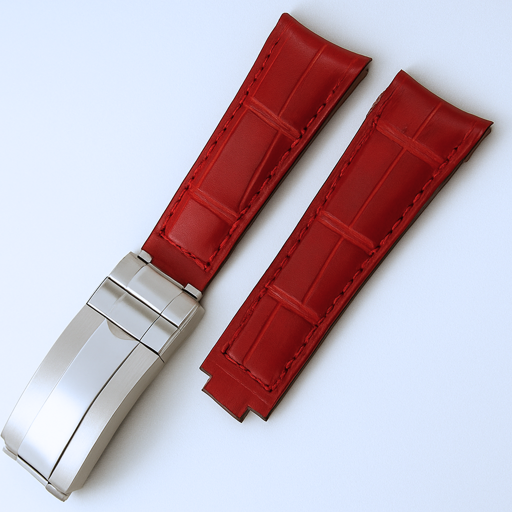 High-Quality Red Leather Watch Band – 20mm for Rolex Watches | Steel Clasp