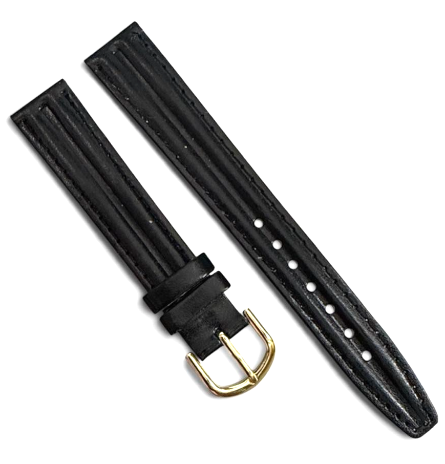 16mm Black color Genuine Leather Watch Band Gold Buckle