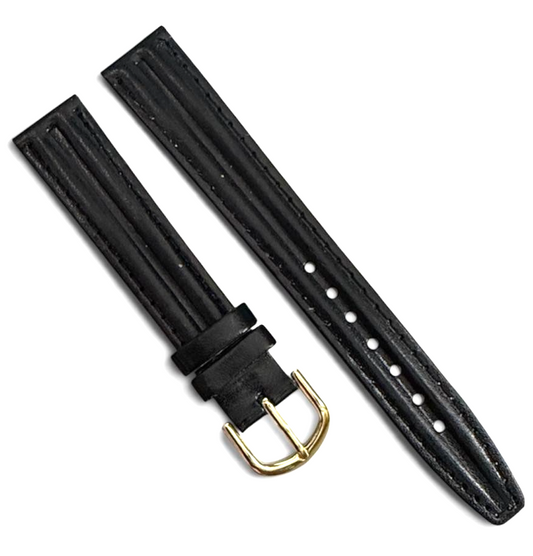 16mm Black color Genuine Leather Watch Band Gold Buckle