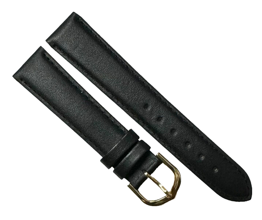 18 MM Plain Padded Black Genuine Leather Watch Band with stitches