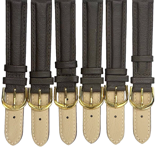 Lot of 6 Watch Bands Genuine Leather D. Brown Color ,Padded,Stitched 16MM