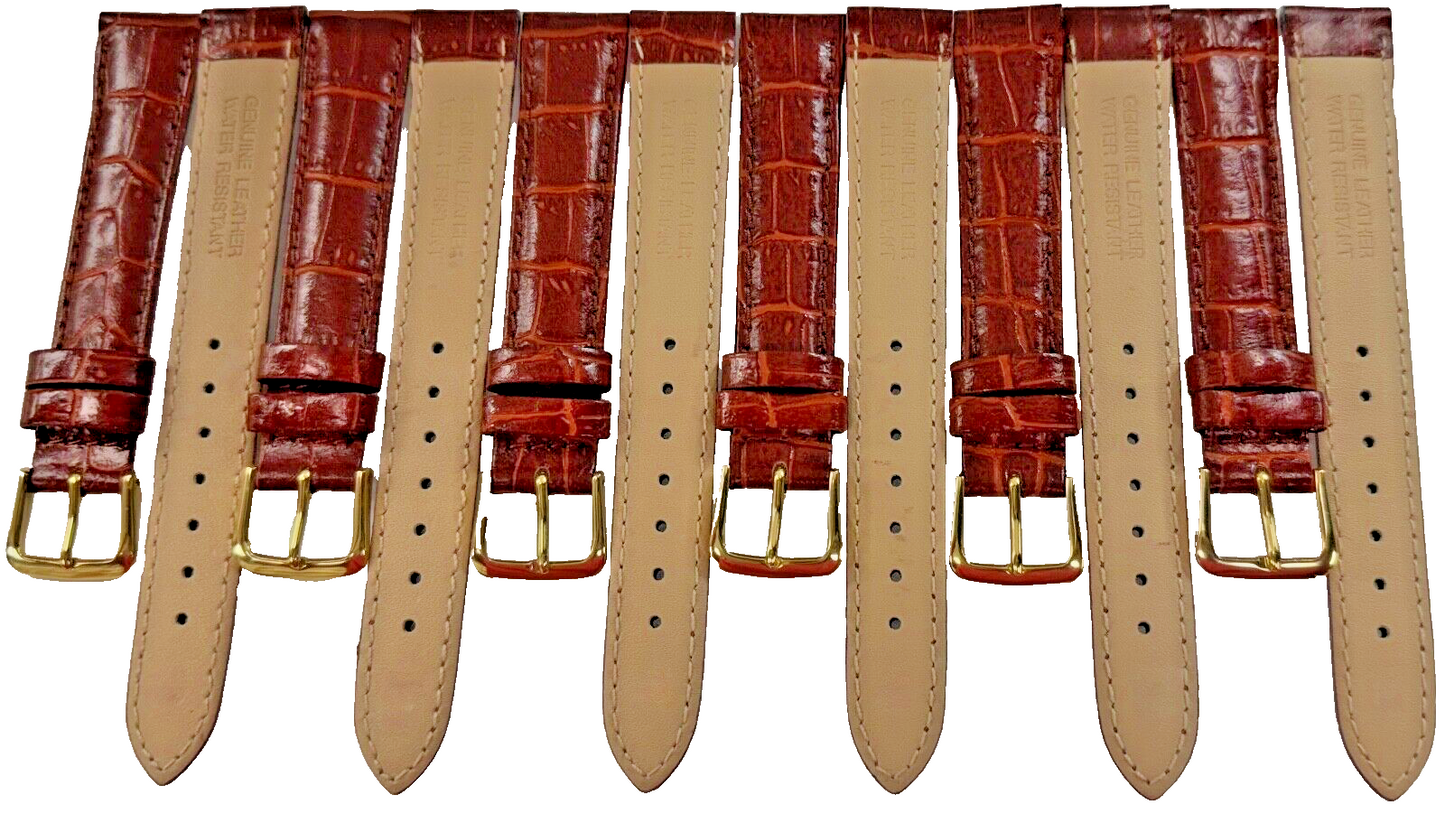 Lot of 6 Watch Bands Leather Alligator Grain Brown Stitched Padded 16mm