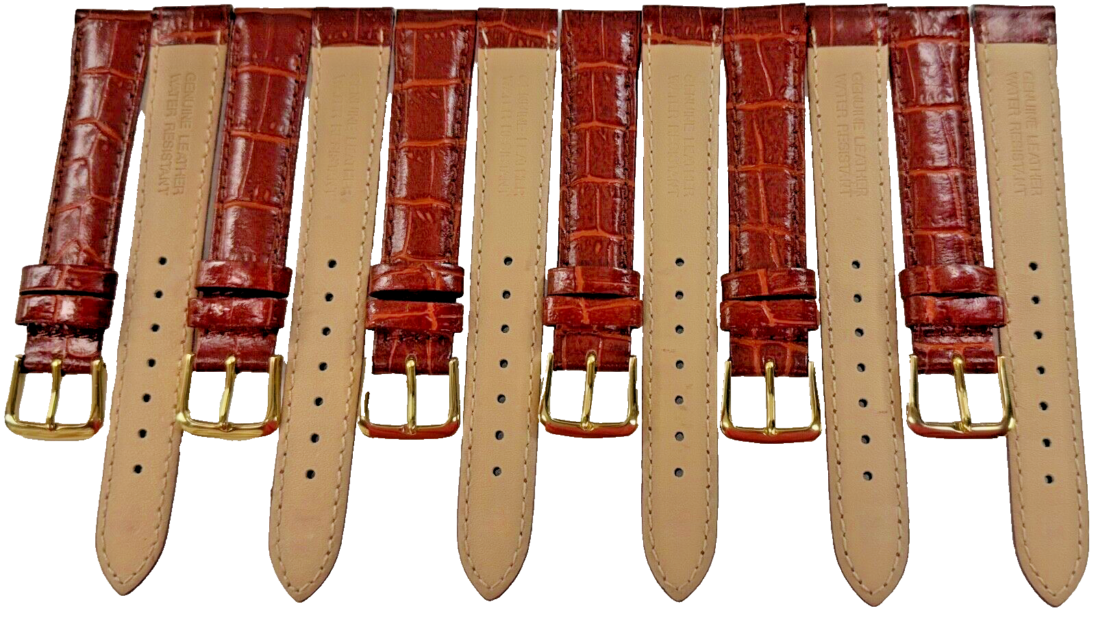 Lot of 6 Watch Bands Leather Alligator Grain Brown Stitched Padded 16mm