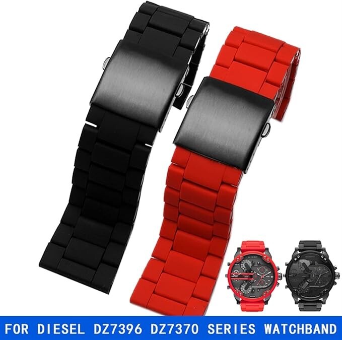 Red 28mm Silicone Watch Band with SS Links – Fits Diesel DZ7396, DZ7370, DZ4289