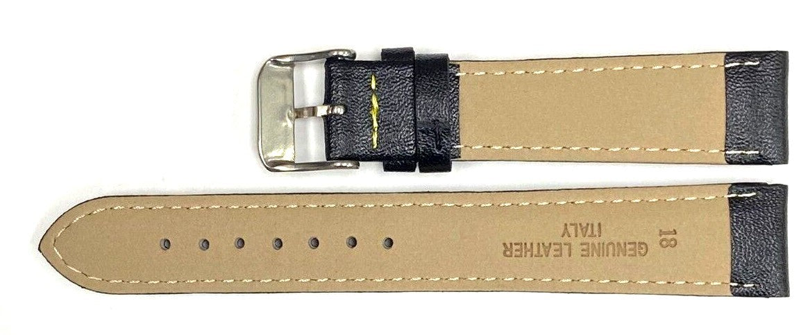 Watch Band Genuine Leather Plain PADDED With Stitches Black Color Of Size 18MM