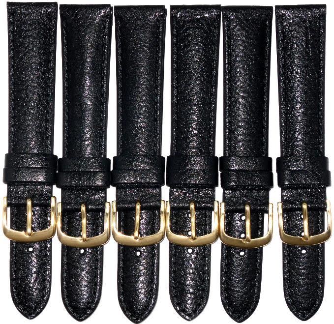 High Quality 16MM Genuine Leather Stitched Padded Black Watch Bands Lot of 6Pcs.