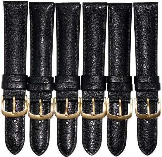 High Quality 16MM Genuine Leather Stitched Padded Black Watch Bands Lot of 6Pcs.