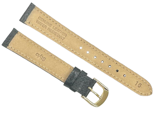 16mm Black Genuine Leather Watch Band – Slim, Padded, Stitched Strap