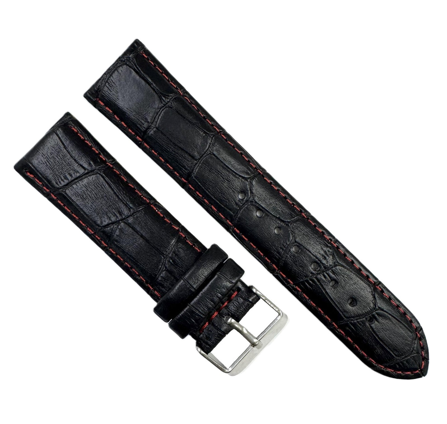 Watch Band Black Genuine Leather Alligator Grain Red Stitches 22mm XL