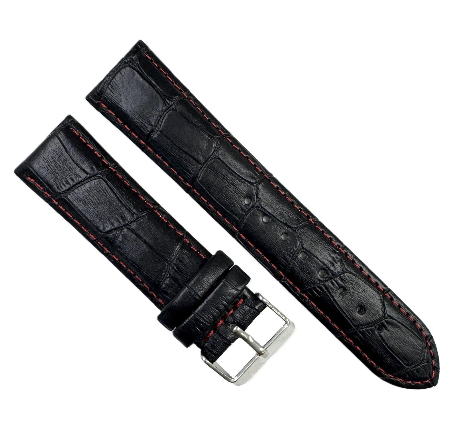 Watch Band Black Genuine Leather Alligator Grain Red Stitches 22mm XL