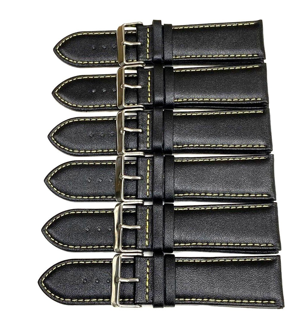 Watch Band Genuine Leather Plain PADDED With Stitches Black Color Of Size 24MM