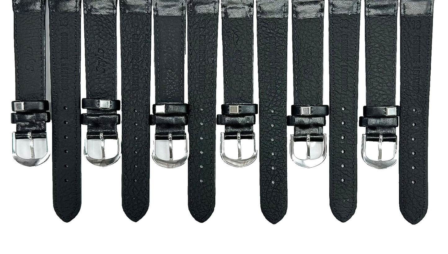 Lot of 6 Watch Bands Plain Black with Stitches Genuine Leather Padded 16mm