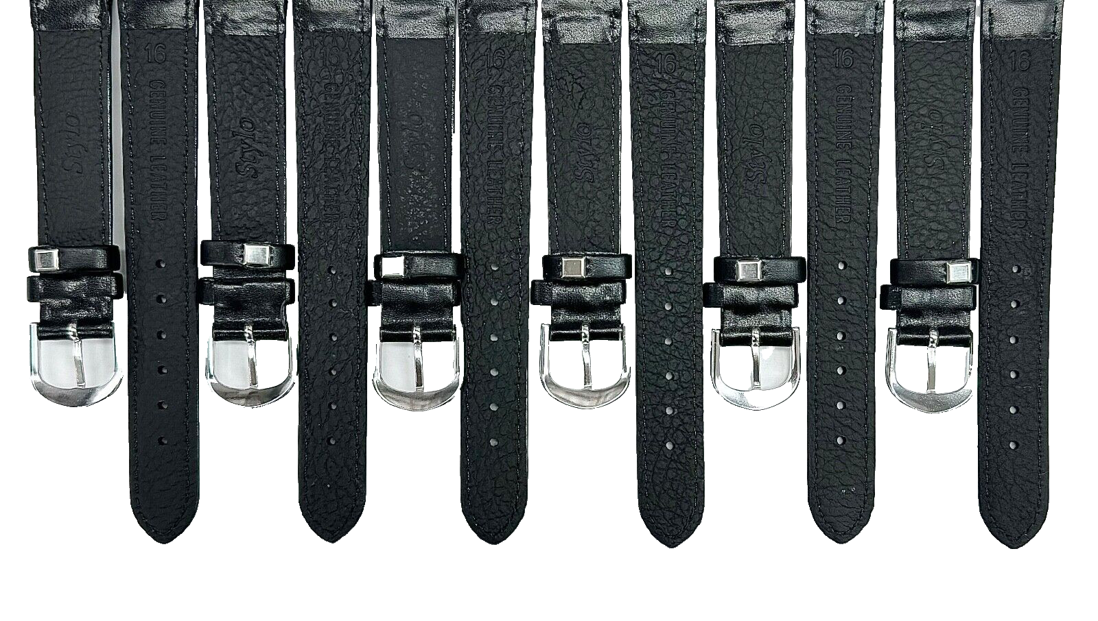 Lot of 6 Watch Bands Plain Black with Stitches Genuine Leather Padded 16mm