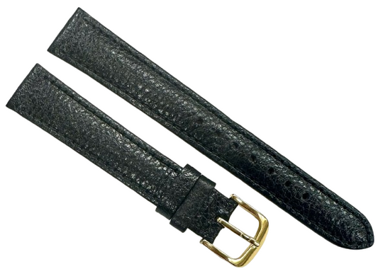16mm Black Genuine Leather Watch Band – Slim, Padded, Stitched Strap