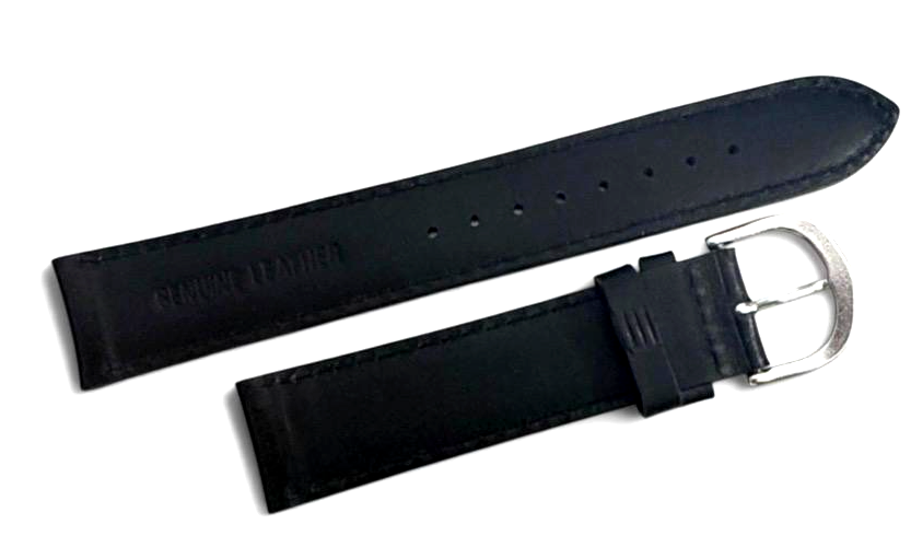 20mm Black Genuine Leather Padded Stitched Watch Band