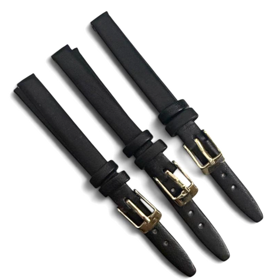 (SET OF 3) Genuine Leather Band 8mm Flat Leather Watch Strap Black/Gold Buckle