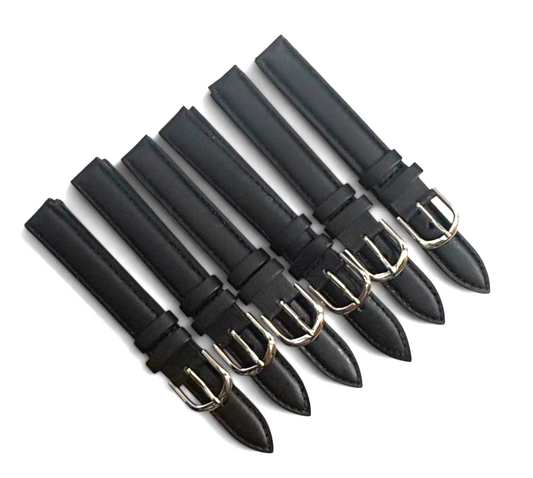 set of 6Pcs. Watch Bands Black Genuine Leather Stitched Padded 12MM Plain