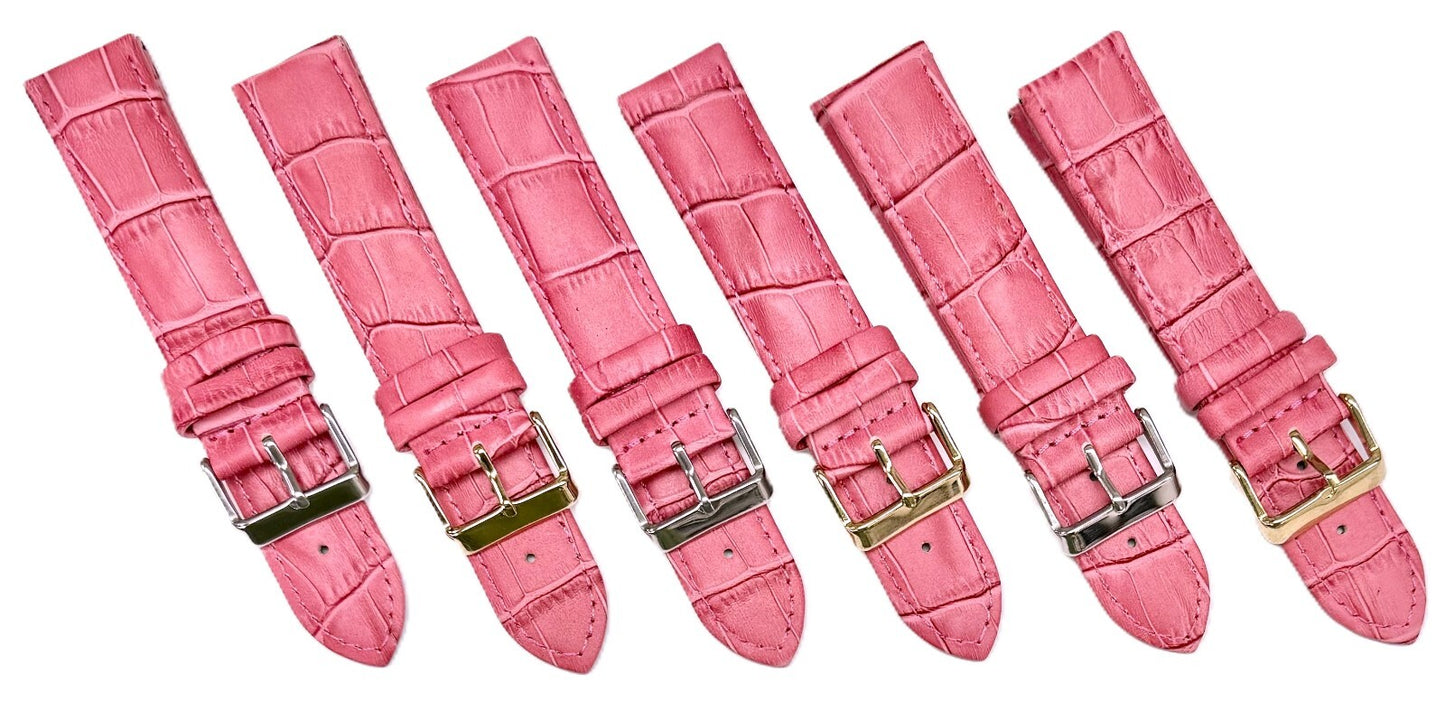 Lot of 6, Watch Band Pink Genuine Leather Alligator Grain, Padded, 12-22 mm
