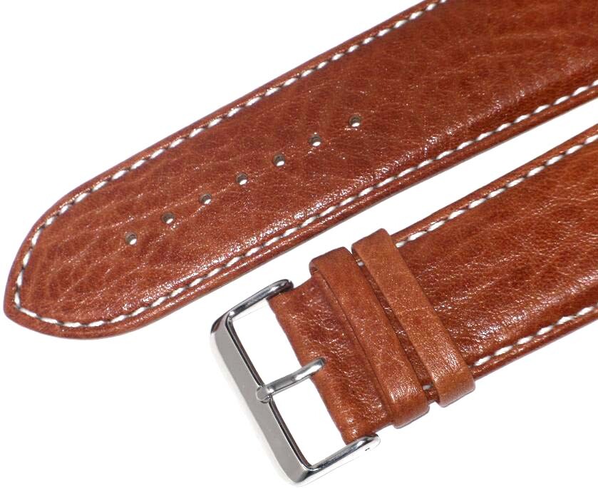 WATCH BAND L.BROWN GENUINE LEATHER 28MM PADDED,WHITE STITCHES SOFT( A1 QUALITY)