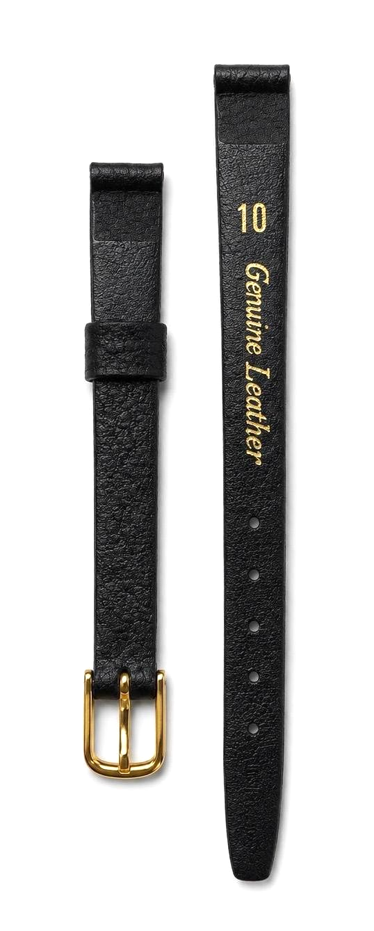 10mm - Black Genuine Leather Watch Band - ( Gold Buckle )