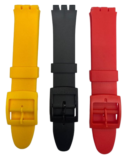 SET OF 3 COLORS 17MM PVC Watch Band Flat without Pins for SWATCH Blck Red Yellow
