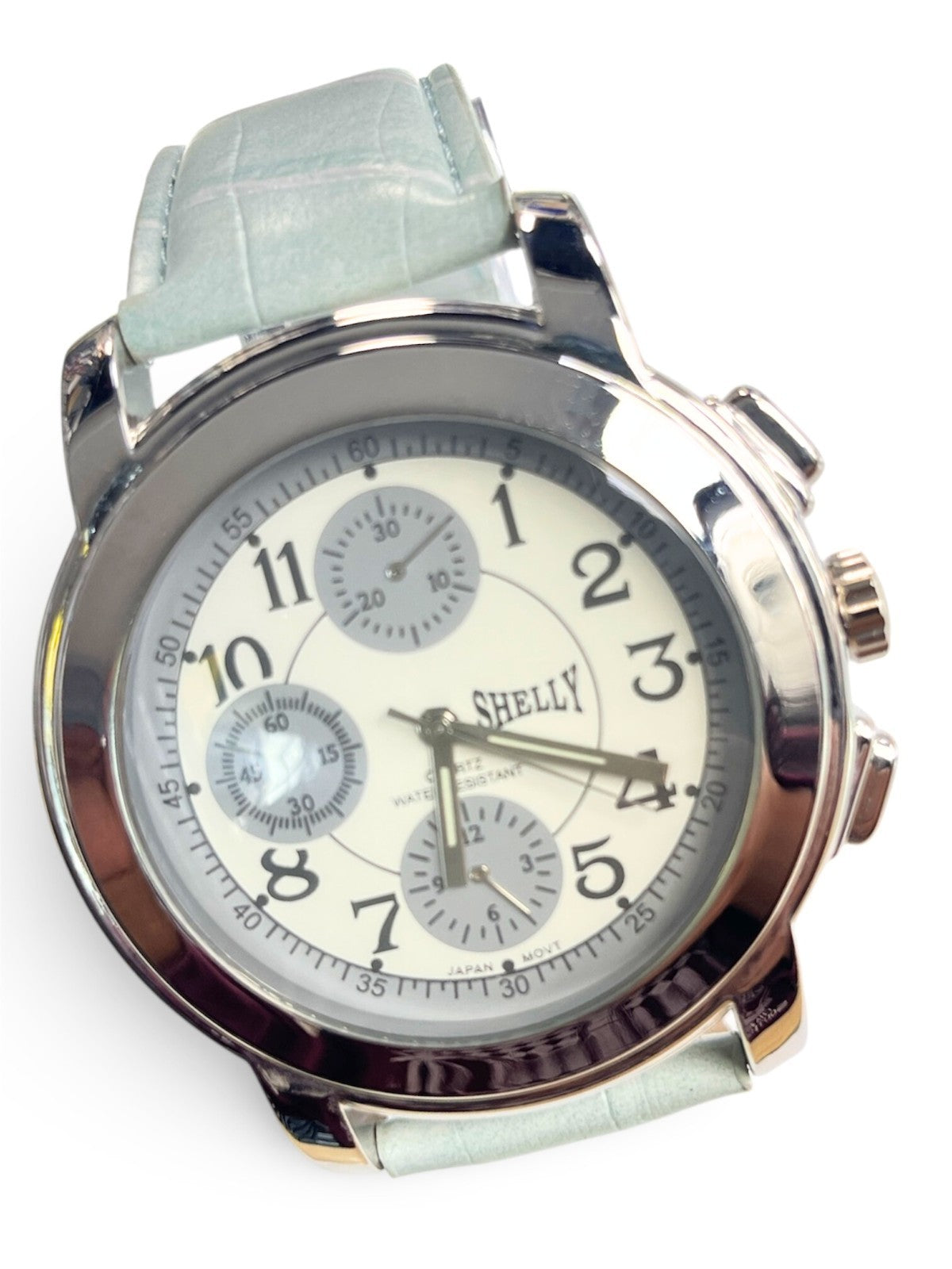 SHELLY round Dial Watch Silver Tone Sky Blue Genuine Leather Band Watch