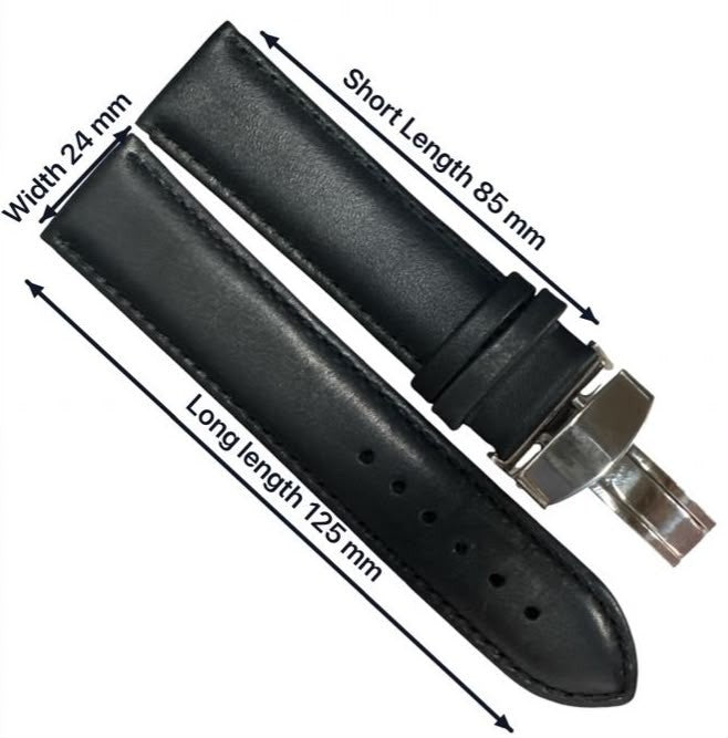 24MM Black Genuine Leather stitched Padded Watch Band With Deployment Buckle