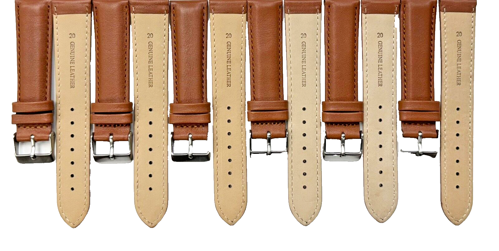 Watch Band Light Brown Genuine Leather Padded, Stitched 20MM, Lot of 6