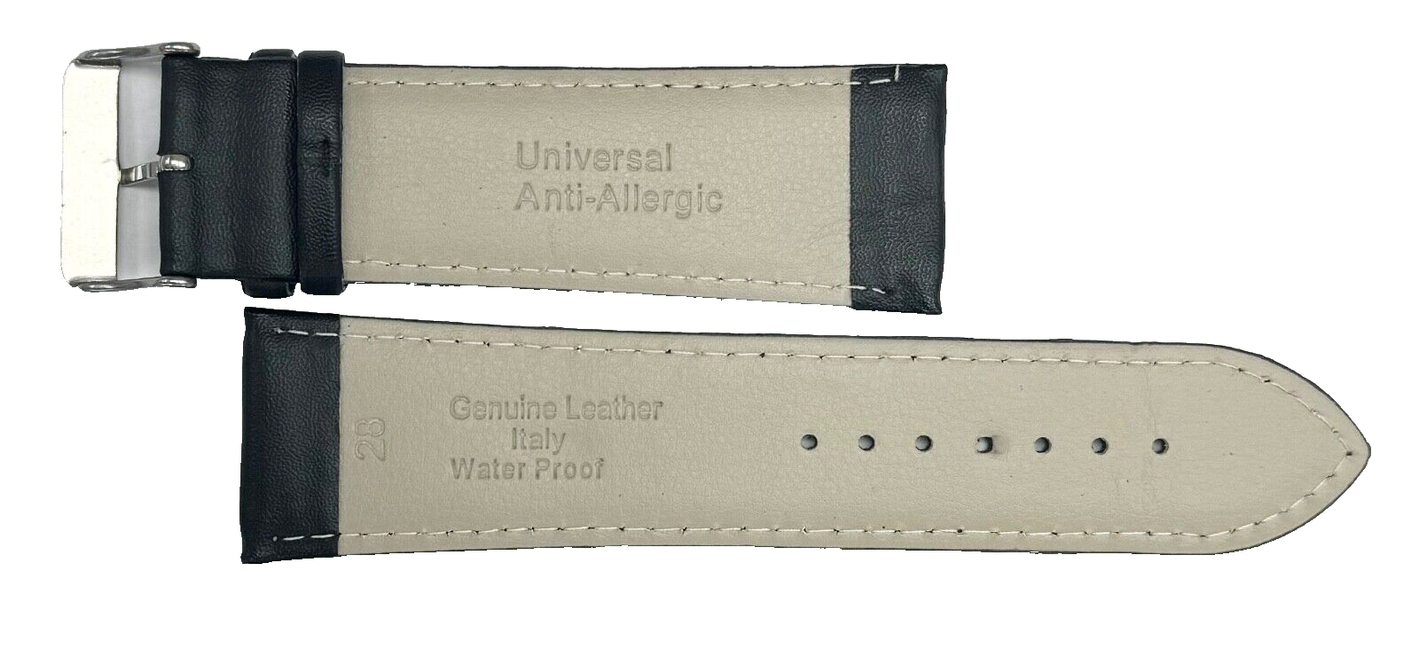 Watch Band Genuine Leather Black Grain 28mm Flat, Stitches (A1 Quality)