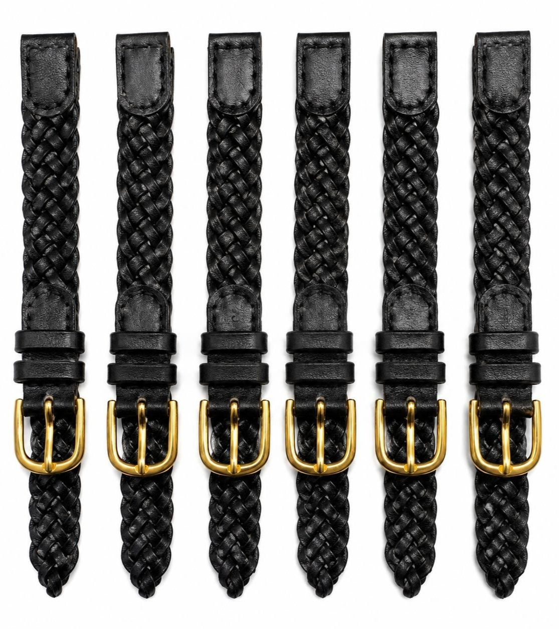 10MM, LOT OF 6 WATCH BANDS BRAIDED BLACK GENUINE LEATHER