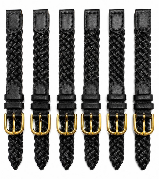 10MM, LOT OF 6 WATCH BANDS BRAIDED BLACK GENUINE LEATHER