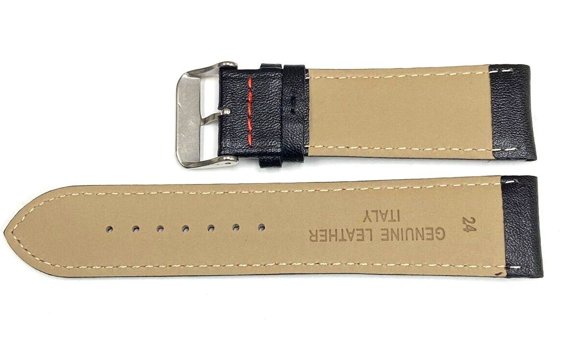 Watch Band Genuine Leather Plain PADDED With Stitches Black Color Of Size 24MM