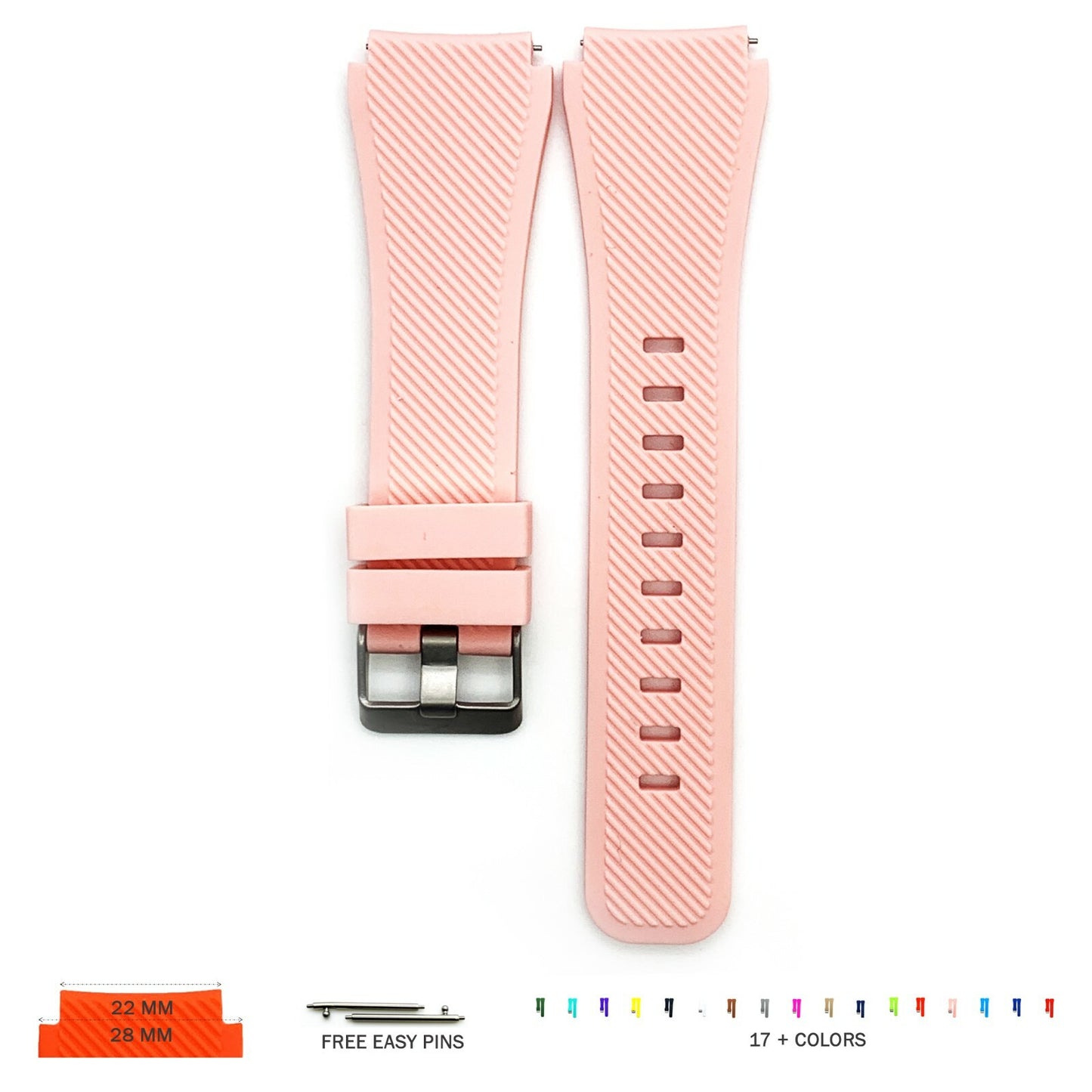 22 MM Rubber Silicone Male Opening Sports Watch Band 17 Colors Quick Release Pin