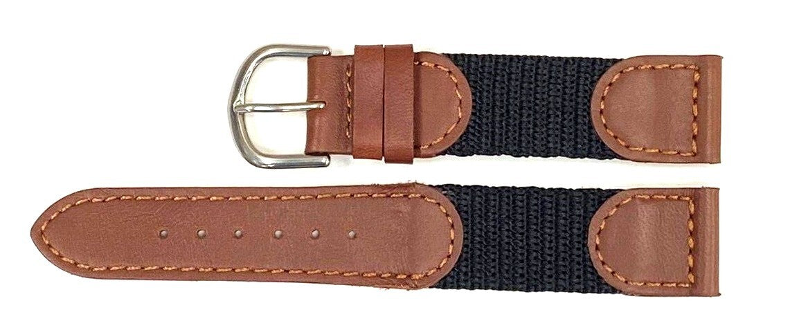 Watch Band Brown/Black Leather & Fabric, Nylon fit Timex Watches Size 20mm