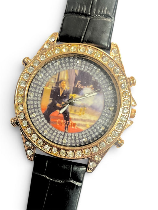 Rhinestones Dial Men Gold Tone Black Genuine Leather Band Watch