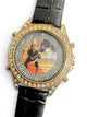 Rhinestones Dial Men Gold Tone Black Genuine Leather Band Watch