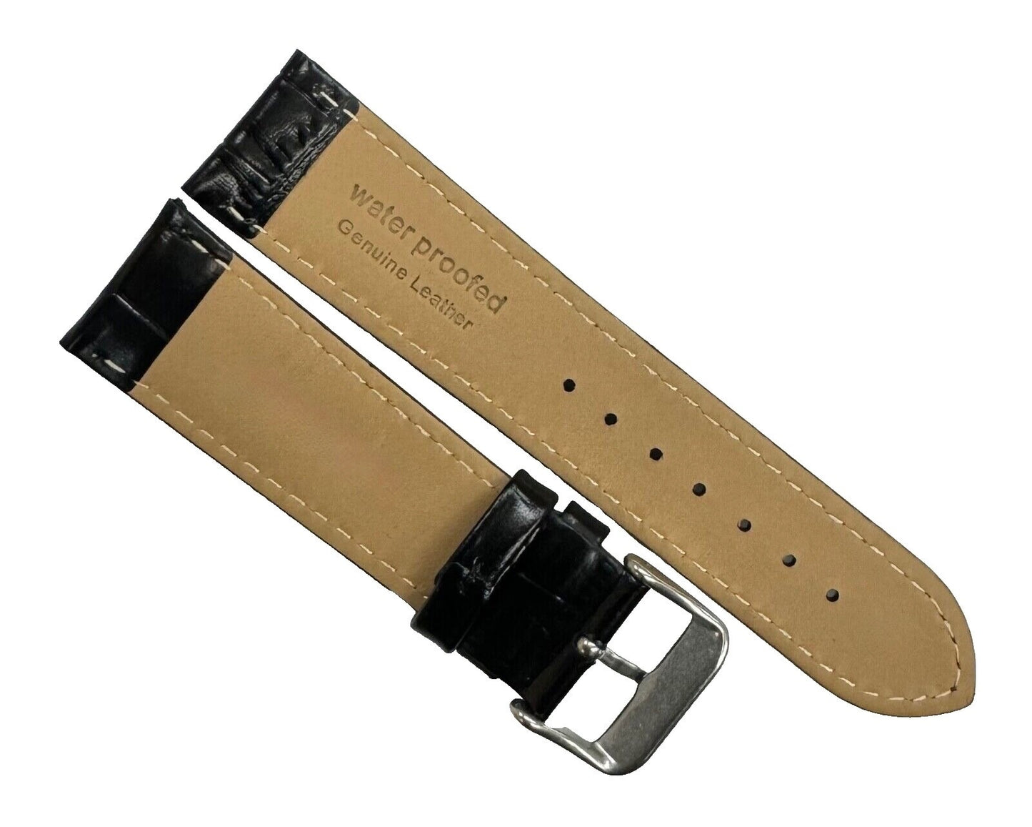 Watch Band Genuine Leather Alligator Grain Black Padded,Stitched 20mm