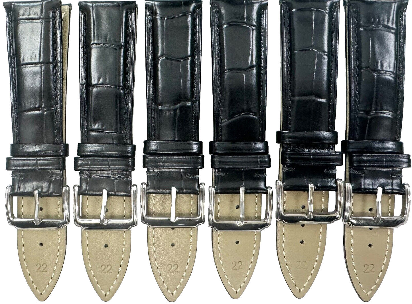 Lot of 6, 22mm Black Genuine Leather Watch Band Alligator Grains Padded