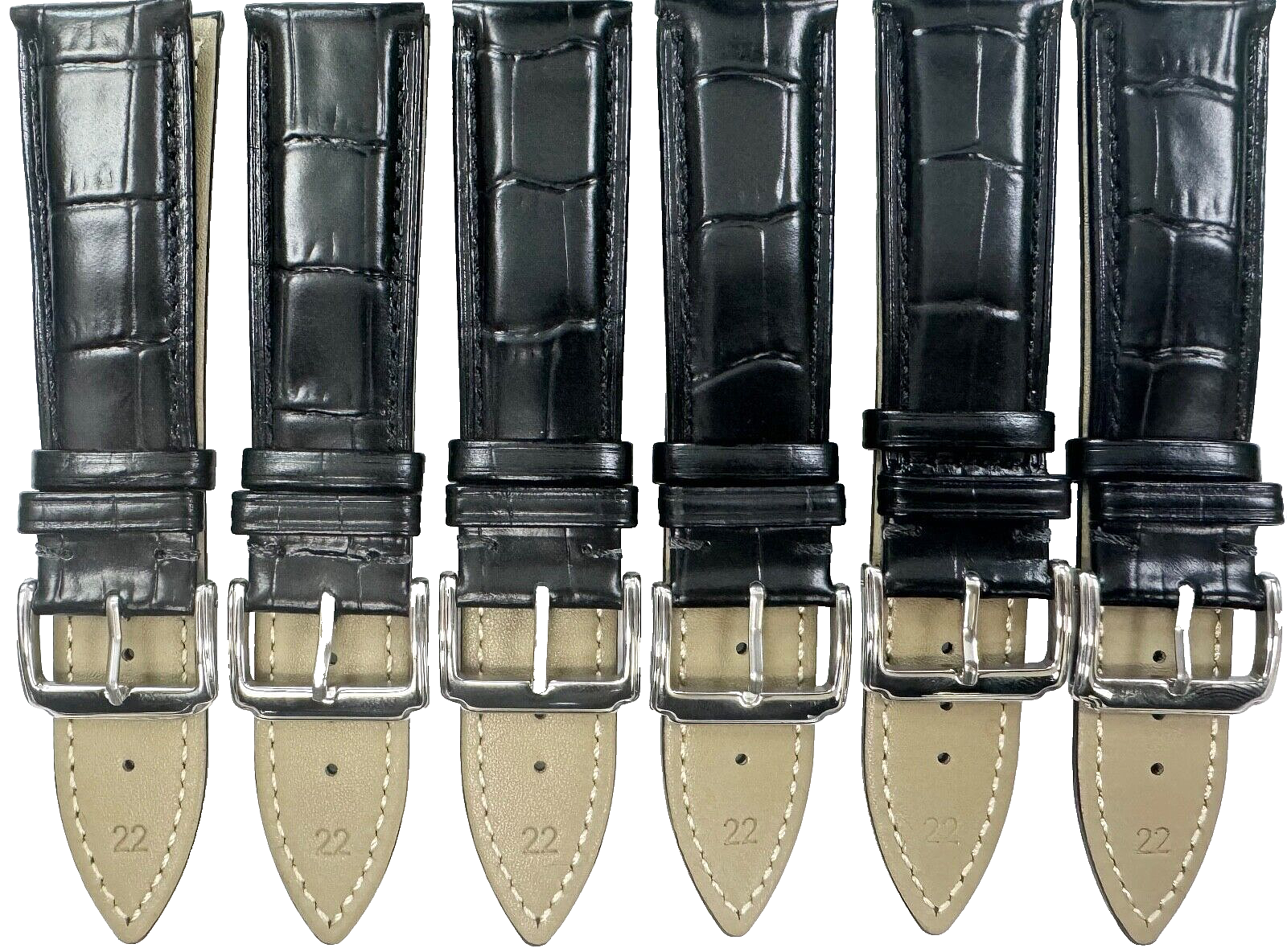Lot of 6, 22mm Black Genuine Leather Watch Band Alligator Grains Padded