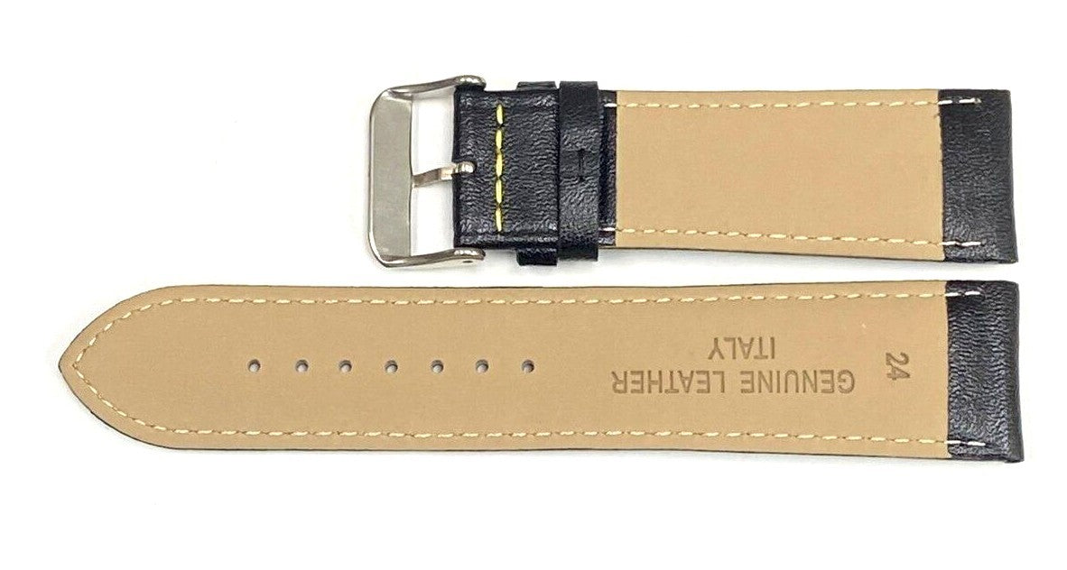 Watch Band Genuine Leather Plain PADDED With Stitches Black Color Of Size 24MM