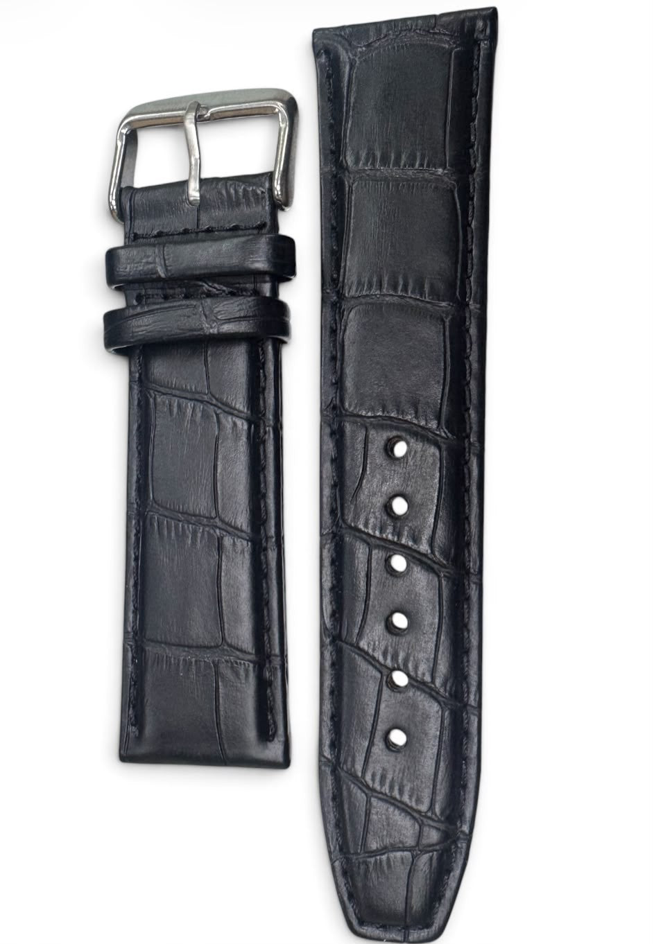24 MM Black Genuine Leather Alligator Grain Watch Band for High End Watches