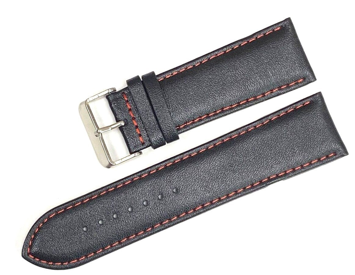 Watch Band Genuine Leather Plain PADDED With Stitches Black Color Of Size 26MM