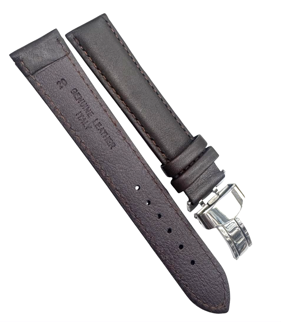20mm BROWN Genuine Leather stitched Padded Watch Band With Deployment Buckle