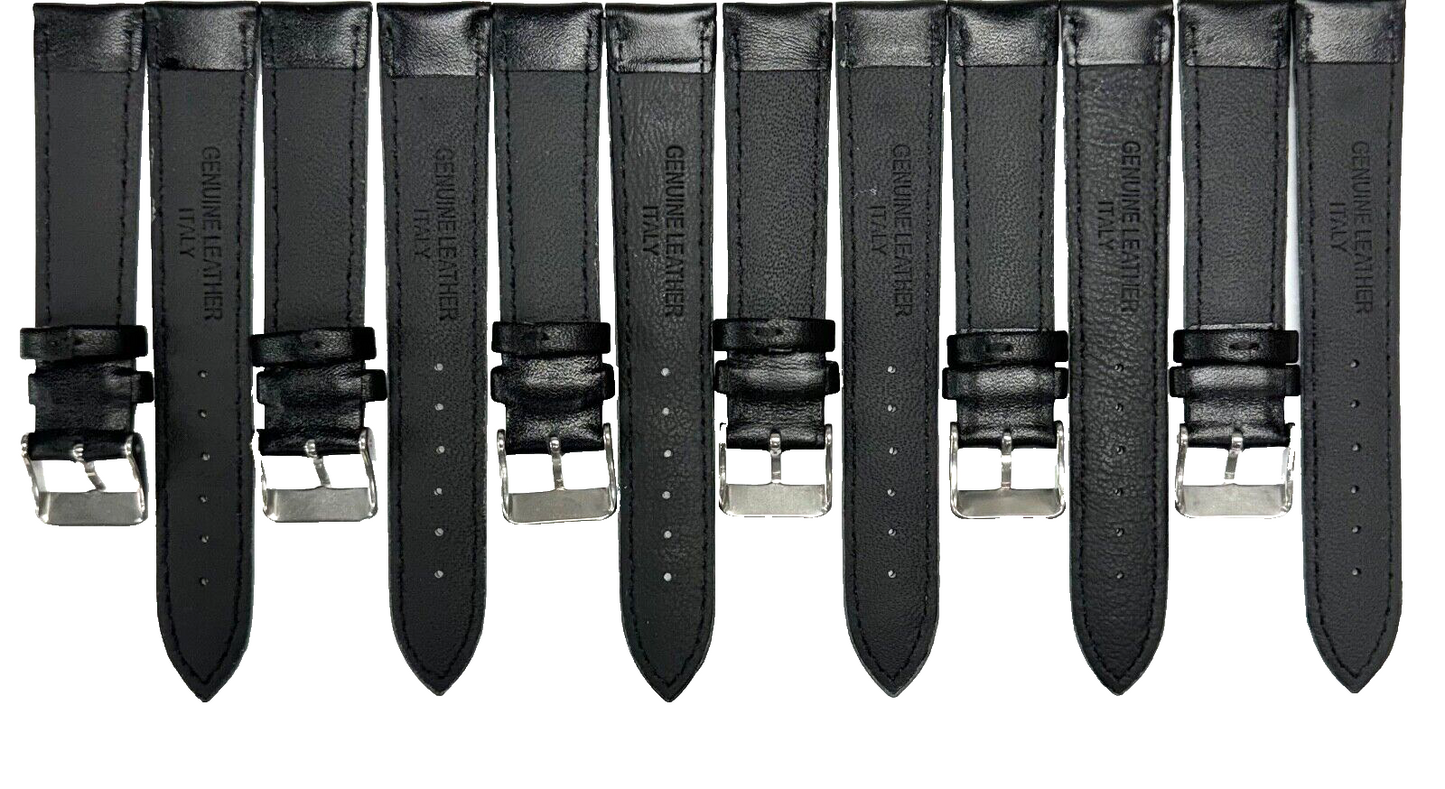 Lot of 6 Watch Bands Plain Black w Purple Stitches Genuine Leather Padded 20mm
