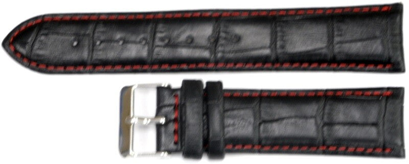 Watch Band Black Genuine Leather Alligator Grain Red Stitches 22mm XL