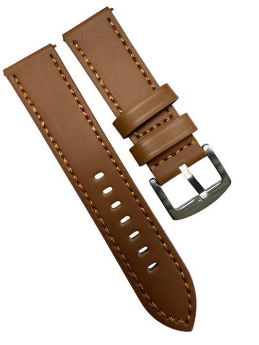 Genuine Leather Tan Flat Stitched Watch Band Quick Release Strap 18/20/22/24mm