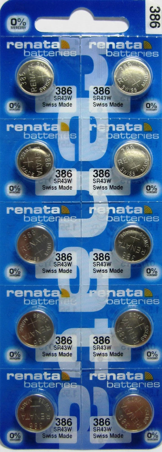 Ten (10)  Renata 386 Watch Battery  SR43W SWISS MADE, 0% MERCURY