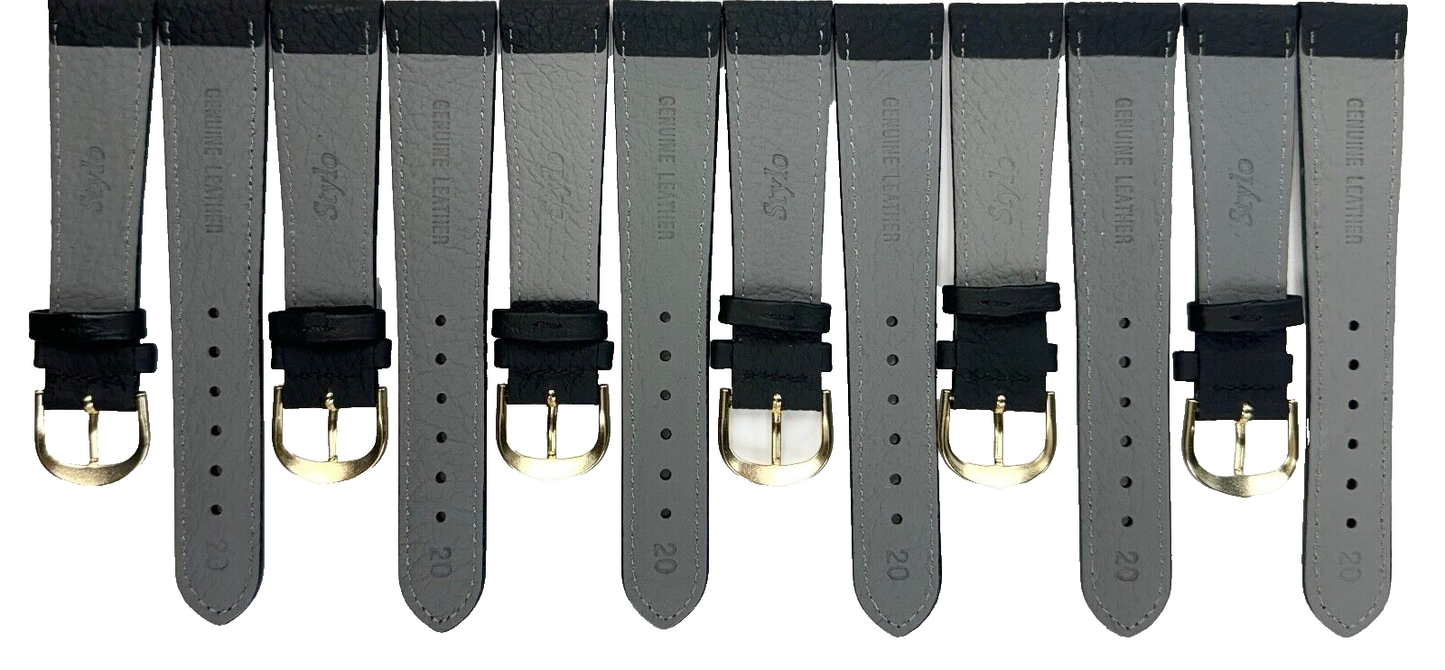 Genuine Leather lot of 6 Watch Bands 20mm Padded  Plain Grain Stitched in Black