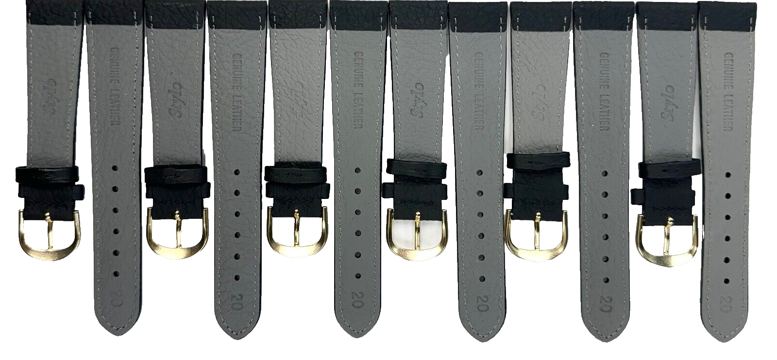 Genuine Leather lot of 6 Watch Bands 20mm Padded  Plain Grain Stitched in Black